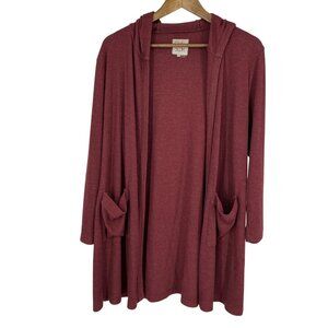 Chaser Burgundy Hooded Open Front Ribbed Knit With Pockets Womens Cardigan Sz 1X